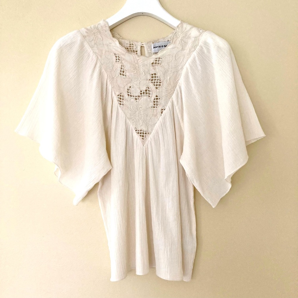 Antik Batik / Melly Tee - Cream Flutter Sleeve  embroidered Blouse